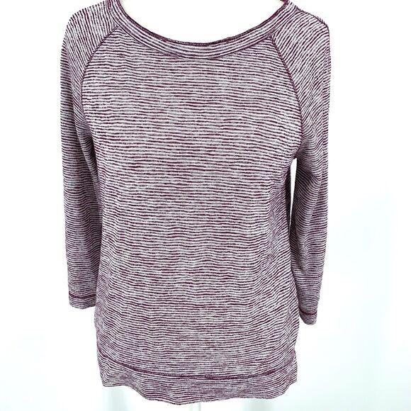 LOFT women's purple burgundy white pinstripe ¾ sleeve top, size M - Picture 1 of 8
